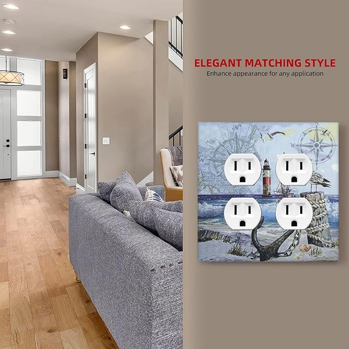 Decorative Light Switch Cover Plate Sea Ocean Sand Coast Compass Ship Lighthouse Anchor 2 Gang Socket Covers Double Duplex Wallplates Switch Plates and Outlet Covers for Bathroom Bedroom Decor