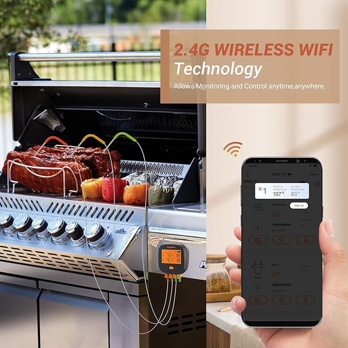INKBIRD WiFi Meat Thermometer IBBQ-4T, Wireless WiFi BBQ Thermometer for Smoker, Oven | APP Calibration Temp Graph | Mobile Notification Timer Alarm | Rechargeable Digital Grill Thermometer, 4 Probes