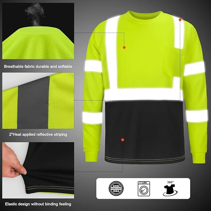 High Visibility Class 3 T Shirts，Hi Vis Safety Shirts with Reflective Strips and Pocket, Long Sleeve Quick Dry Mesh Construction Work Shirt for Men/Women Black Bottom Lime,4XL