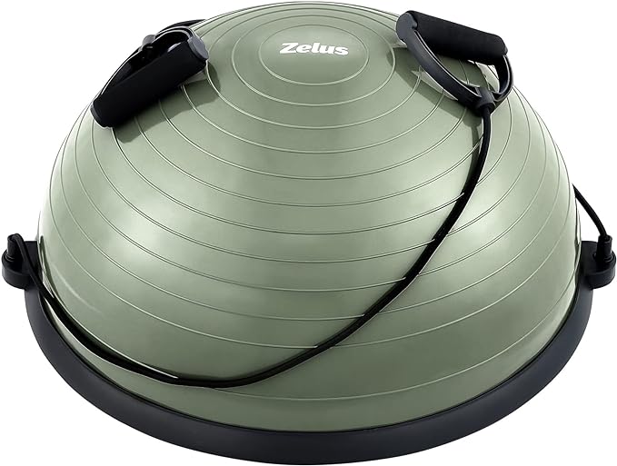 ZELUS Balance Ball Trainer with Resistance Bands and Foot Pump, Inflatable Yoga Ball for Home Gym Workouts, 23 Inch Exercise Half Ball for Balance Training Core Strength Fitness More, 330lb Cap