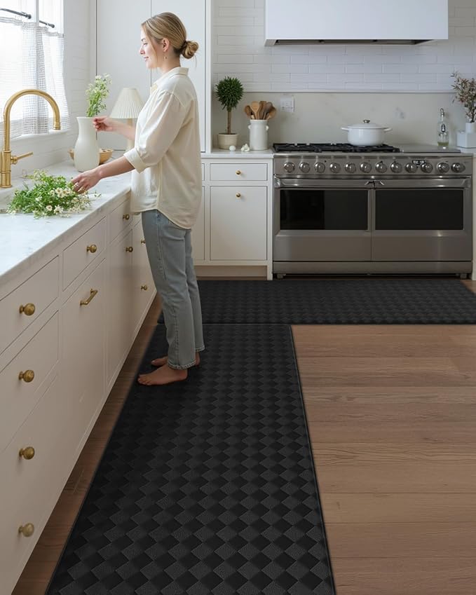 Color&Geometry Extra Wide Kitchen Mats Set 24x59+24x87, Anti Fatigue Cushioned Floor Mat, Waterproof Easy Clean Non Slip Runner for Sink Comfort Standing, Black