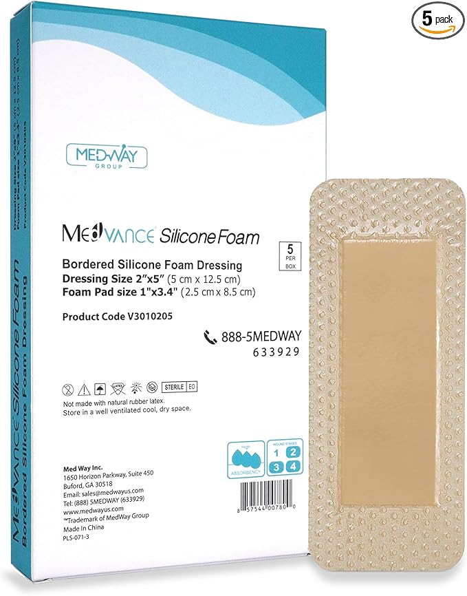 MedVanceTM Silicone - Bordered Silicone Adhesive Foam Dressing, 2"x5" (1.2"x3.4" pad) Box of 5 dressings