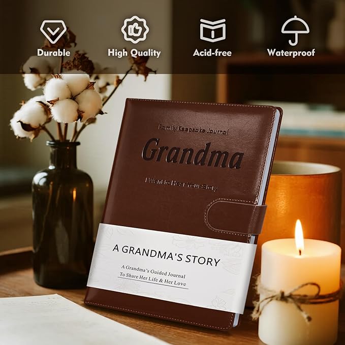 Artmag Grandma's Life Story Journal with 250+ Prompt Questions, Family Keepsake Book Leather Cover for Grandma to Share Her Memories for Birthday Mother's Day Christmas (Brown)