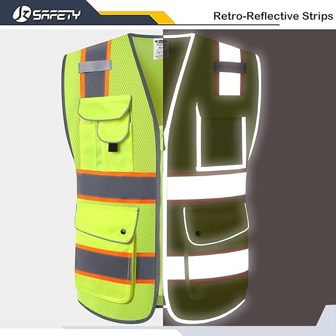 JKSafety 9 Pockets Hi-Vis Neon Yellow Zipper Front MESH Safety Vest with Fluorescent Orange Extend Edge outlining the Reflective Tapes Meet ANSI/ISEA Class 2 Standard (100-Yellow, XXL)