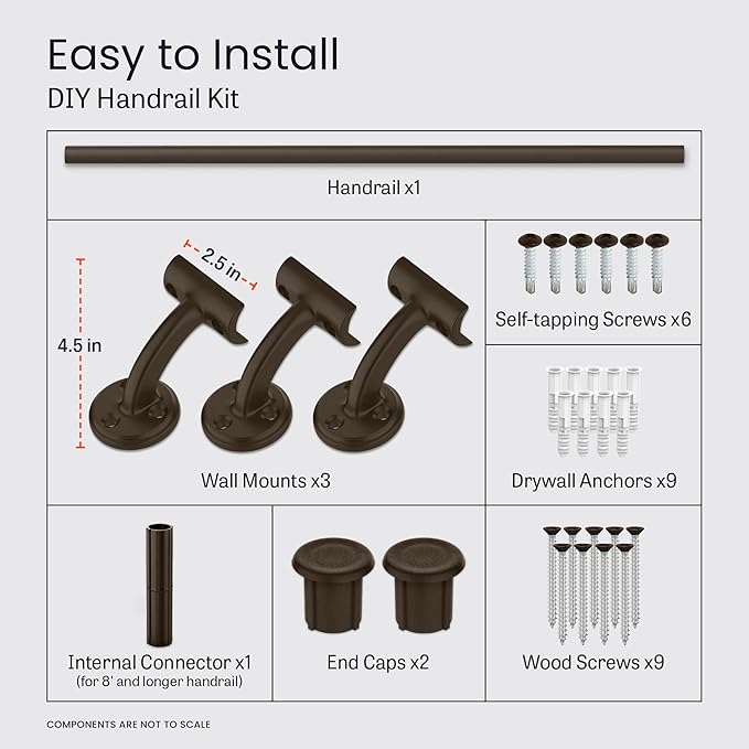 Meranti Aluminum Handrail for Indoor or Outdoor Steps and Stairs – Hand Rails for Elderly – DIY Complete Stair Railing Kit (AHR, Bronze Textured, 8' Length)