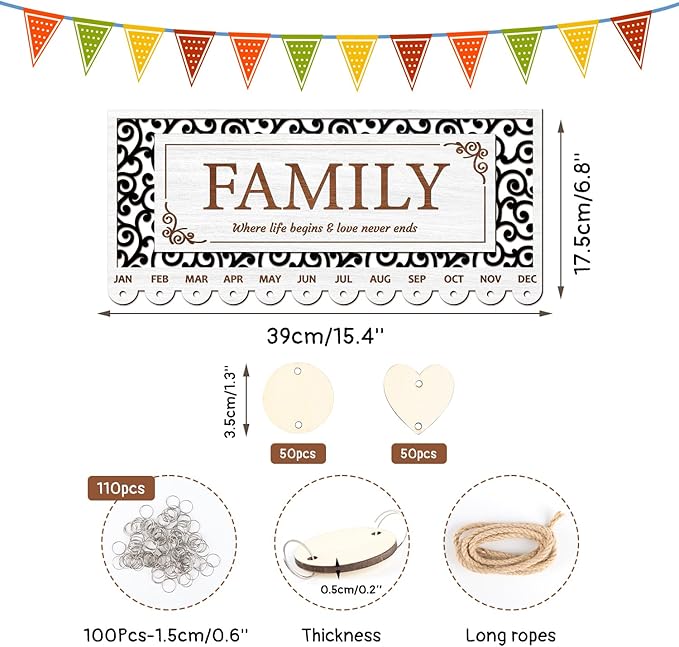 KAlRNE Birthday Calendar Board,Rustic Wooden Calendar Hanging Plaques,Family Birthday Reminder Board,Family Wooden Plaques with Tags,Gifts for Mom Nana Grandparents Anniversary Special Events