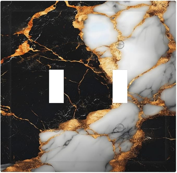 Decorative Light Switch Cover Plate Black Gold Marble 2 Gang Switch Plate Covers Double Toggle Wall Plate Dual Device Faceplate for Country Bathroom Bedroom Decor