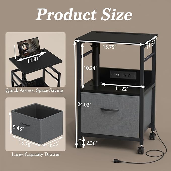 Swivel Lift Top Nightstand with Charging Station, 2-Tier 360° Adjustable Bedside Table, Rolling Night Stand with Wheels, Small End Table with Fabric Drawer, for Bedroom, Living Room, Black Gray