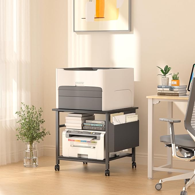 Large Printer Stand, 23.6 x 23.6 Inches Square Printer Stand with Storage Shelf, 2 Tier Printer Table for Home Office, Rolling Printer Cart with Lockable Wheels, Mobile Mini Fridge Stand Table, Black