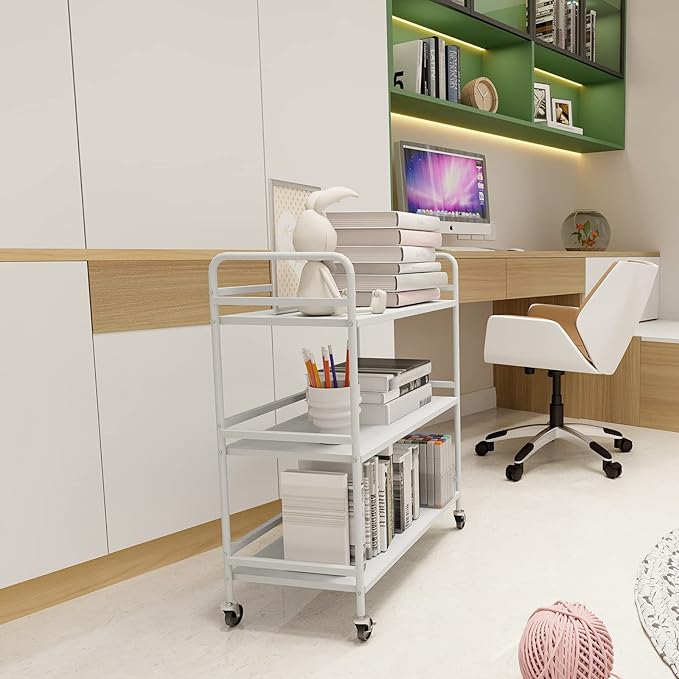 DCLRN 3 Tier Rolling Cart with Lockable Wheels Sturdy Construction,Solid Shelves,Recessed Screw Holes Ideal for Kitchen and Home Storage Size:23.6" Dx11.8 Wx29.5 H(White)