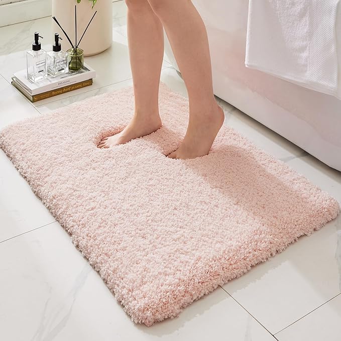 Bathroom Rugs 32x20, Ultra Thick Shaggy Soft Microfiber Absorbent Bath Rug, High Density Foam Latex Non Slip Backing, Machine Washable Bath Mats for Bathroom Floor & Sink, Pink