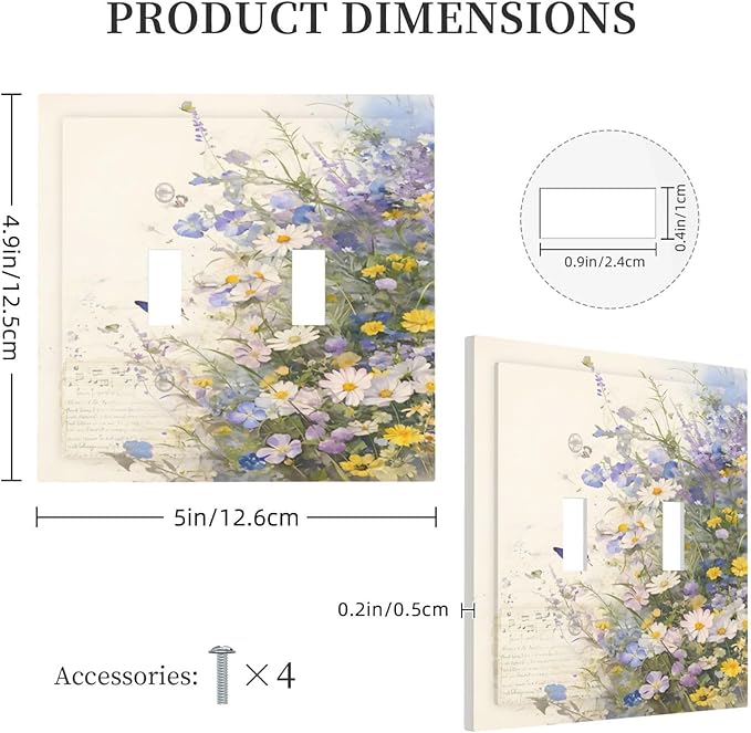 Decorative Light Switch Cover Plate Purple Flower Butterfly Yellow Daisy 2 Gang Switch Plate Covers Double Toggle Wall Plate Dual Device Faceplate for Bathroom Decor