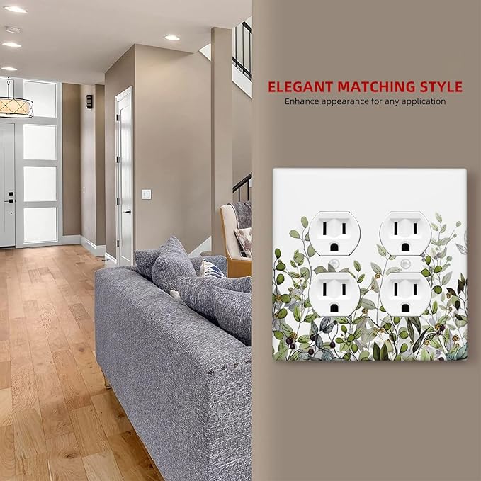 Watercolor Green Eucalyptus Leaves Plants Fruit Outlet Covers 2 Gang Double Duplex Decorative Light Switch Covers Electrical Wallplates Socket Faceplate for Bed Room Living Room Decor
