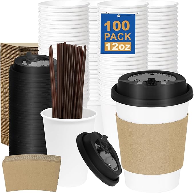 12 Ounce Hot Coffee Cups 100 Pack, Durable for Business and Personal Use