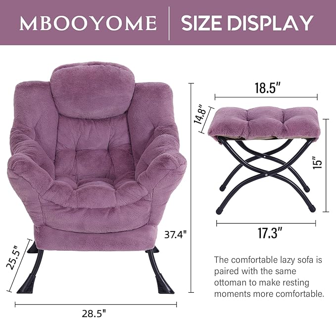 Lazy Chair with Ottoman, Modern Accent Lounge Armchair with Side Pocket & Foldable Footstool, Leisure Reading Chair for Living Room, Bedroom, Dorm & Office, Plush Purple