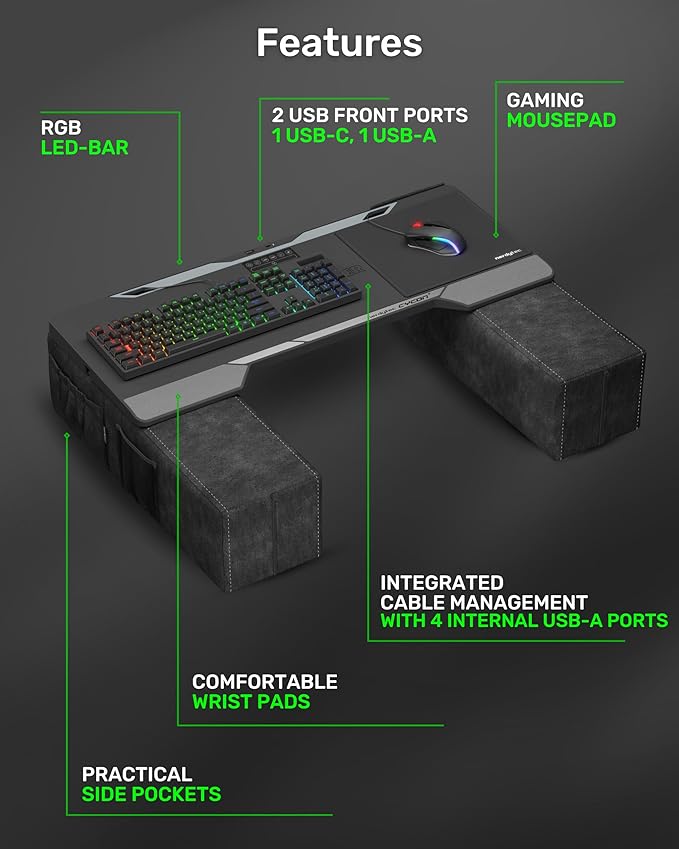 Couchmaster CYCON³ HORIZONLIGHT Bar, Ultimate Ergonomic USB-Hub Gaming Lap Desk for Couch and Bed, Large, Stable and Compatible with All Keyboards and Mouse/Mice, Laptops, PCs, PS4/5, Xbox