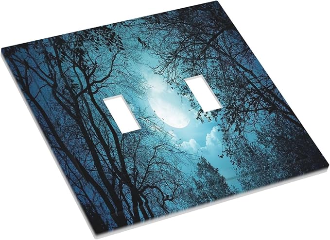 Light Switch Cover Teal Full Moon Forest 2 Gang Wall Plate Double Light Switch Plate Turquoise Toggle Decorative Outlet Covers Electrical Switchplate for Bathroom Bedroom Decor