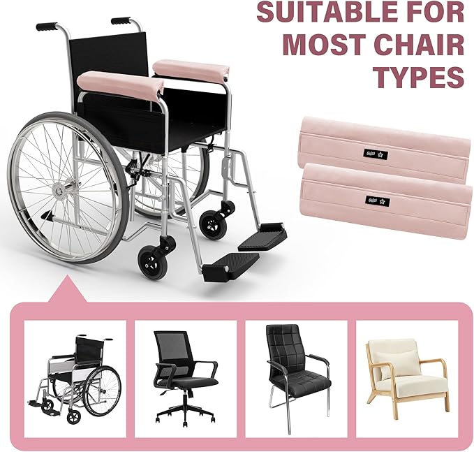 SPRING SEAON Wheelchair Armrest Covers (Pair) - Suede Velvet Memory Foam Accessories Pads for Wheelchair Arm Rest, Office Transport Chairs, Soft Support Cushion for Mobility Aids (Pink)