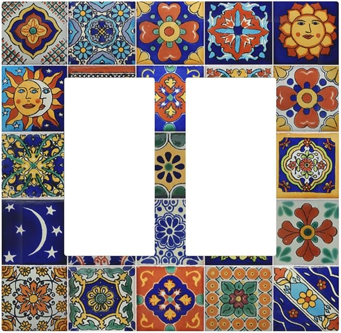 Decorative Outlet Covers Mid Century Talavera Shaped Tiles 2 Gang Double GFCI Rocker Electrical Wall Panels Light Switch Cover Plate for Bedroom Bathroom Decor
