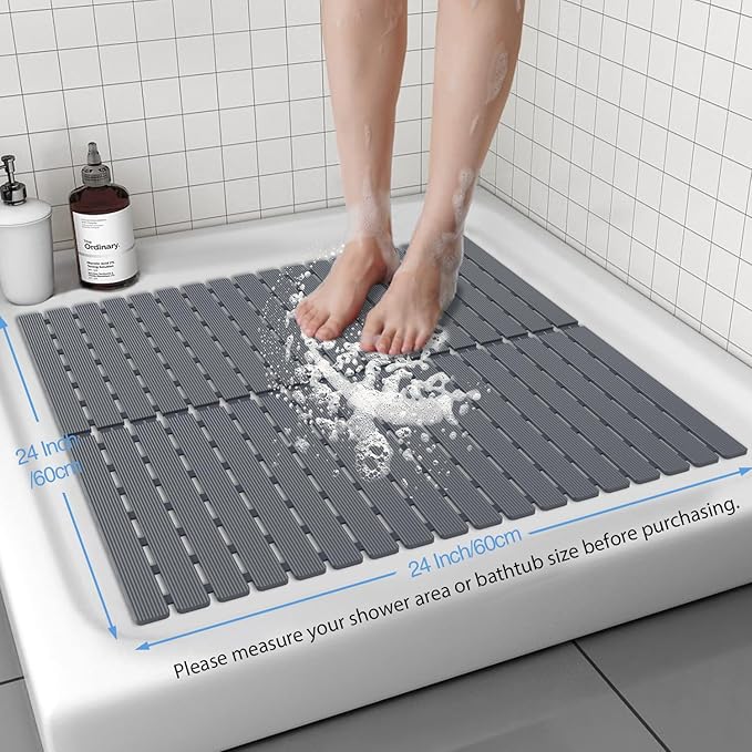 Shower Mat Non-Slip Bath Mat for Tub and Shower Stall,200+ Suction Cups with Drain Holes, Quick Dry Machine Washable, Extra Grip for Stand Up Showers, Bathroom Essentials 24x24 Inch (Light Grey)