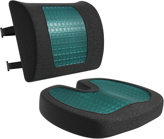 Amazon Basics Comfortable Seat Cushion & Lumbar Support for Office Chairs, Gel Enhanced Memory Foam, Pack of 2, Rectangular, Black