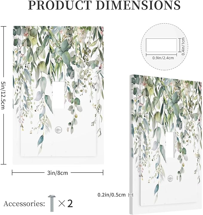 Sage Green Watercolor Eucalyptus Leaves Floral Flowers Decorative Light Switch Cover 1 Gang Single Toggle Device Electrical Faceplate Switchplates Decorator Outlet Wall Plate for Farmhouse Bed Room