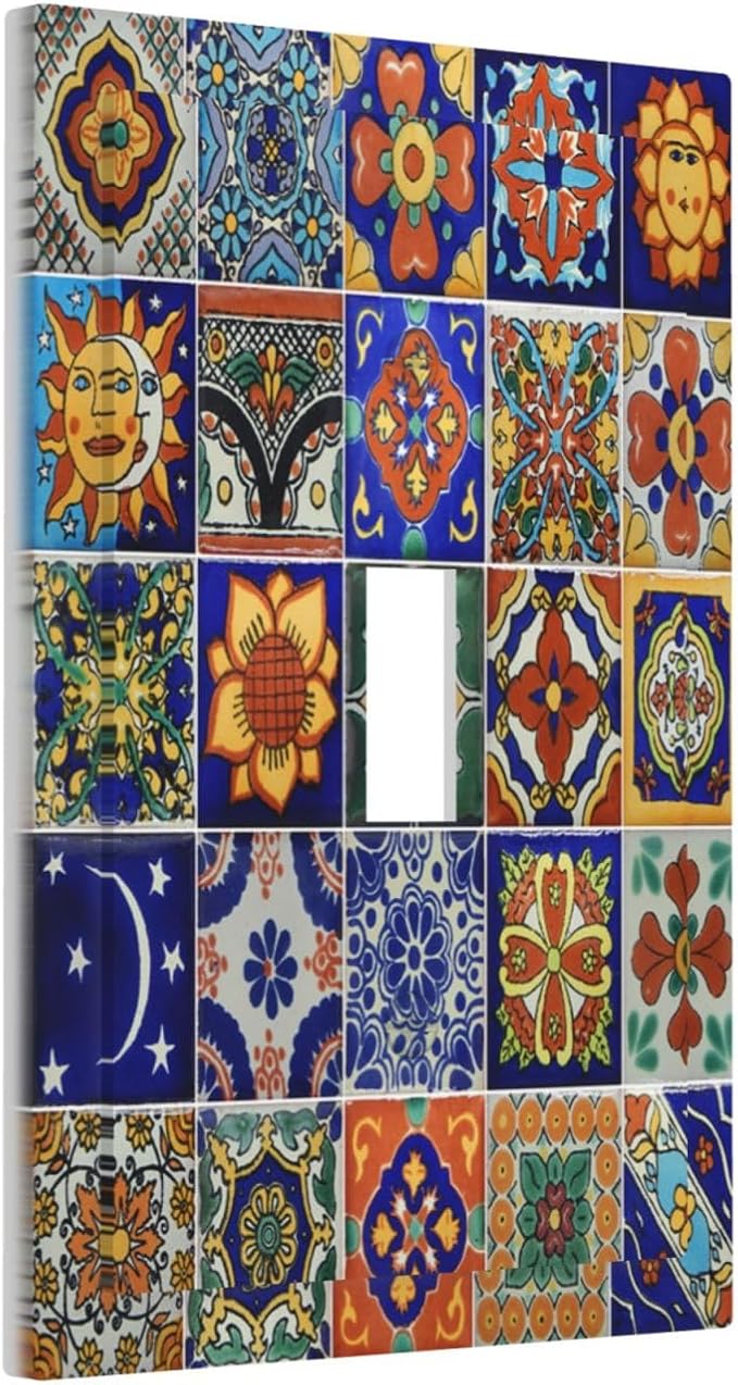Decorative Light Switch Cover Mid Century Talavera Shaped Tiles 1 Gang Single Toggle Device Electrical Faceplate Switchplates Decorator Outlet Wall Plate for Bedroom Bathroom Decor