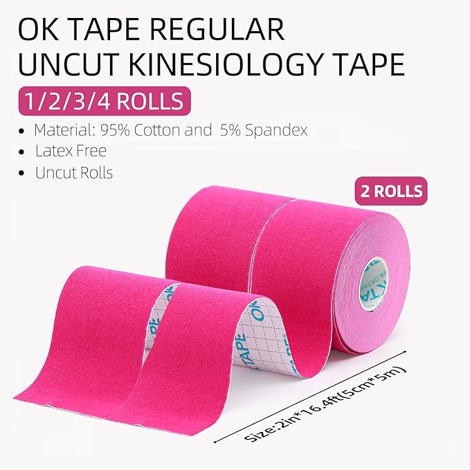 OK TAPE Regular Original Cotton Kinesiology Tape (2 Pack), Elastic Water Resistant Therapeutic Athletic Tape, Latex Free, Injury Recovery, Uncut K Tape 2in×16.4ft - Pink