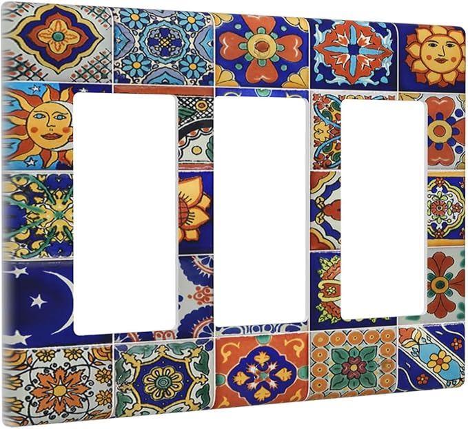 Light Switch Covers Mid Century Talavera Shaped Tiles 3 Gang Rocker Electrical GFCI Decorative Triple Outlet Wall Plate Cover Switchplate for Bedroom Bathroom Decor