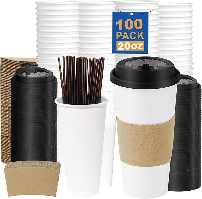 20 oz 100 Pack Coffee Cups with Lids and Sleeves, Straws, Hot Disposable To Go Travel Paper Cups Bulk for Office, Home Coffee Bar Accessories, Chocolate, Cocoa, Beverage (White)