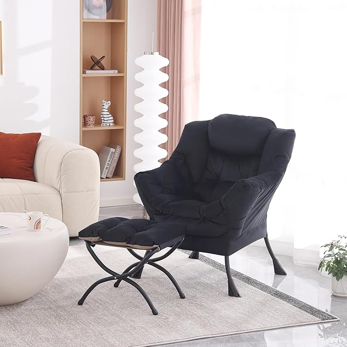 Lazy Chair with Folding Ottoman, Modern Accent Lounge Armchair with Armrests, a Side Pocket & Foldable Footstool, Leisure Reading Chair for Living Room, Bedroom, Dorm & Office, Velvet Black