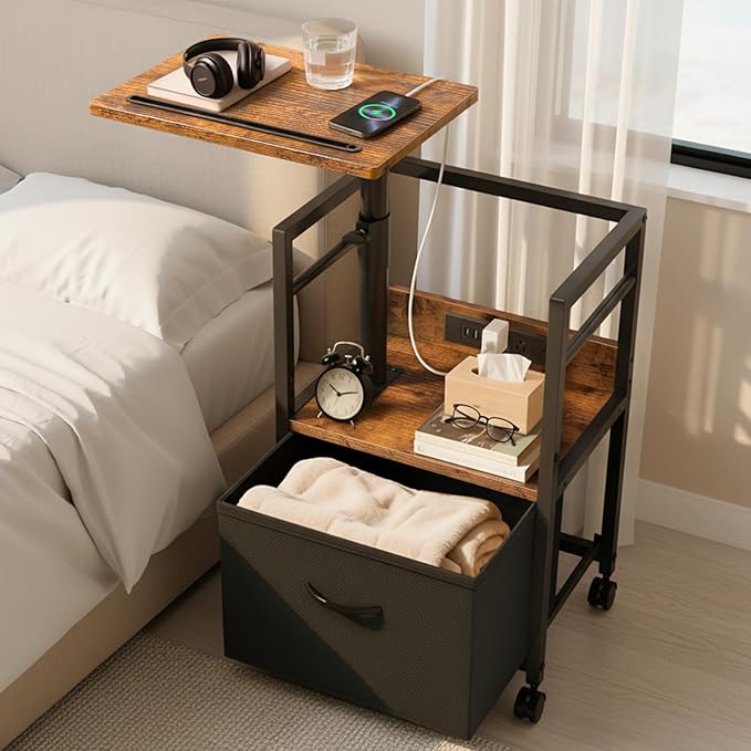 Swivel Lift Top Nightstand with Charging Station, 2-Tier 360° Adjustable Bedside Table, Rolling Night Stand with Wheels, Small End Table with Fabric Drawer, for Bedroom, Living Room, Rustic Black