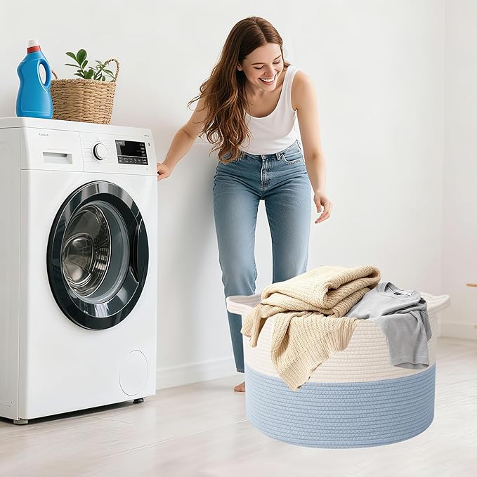 Large Storage Basket with Handle,23.6" x 23.6" x 15.7" Blanket Basket Storage Bins for Organizing,65L Cotton Rope Woven Baskets for Living Room, Nursery ,Bedroom,White&Blue