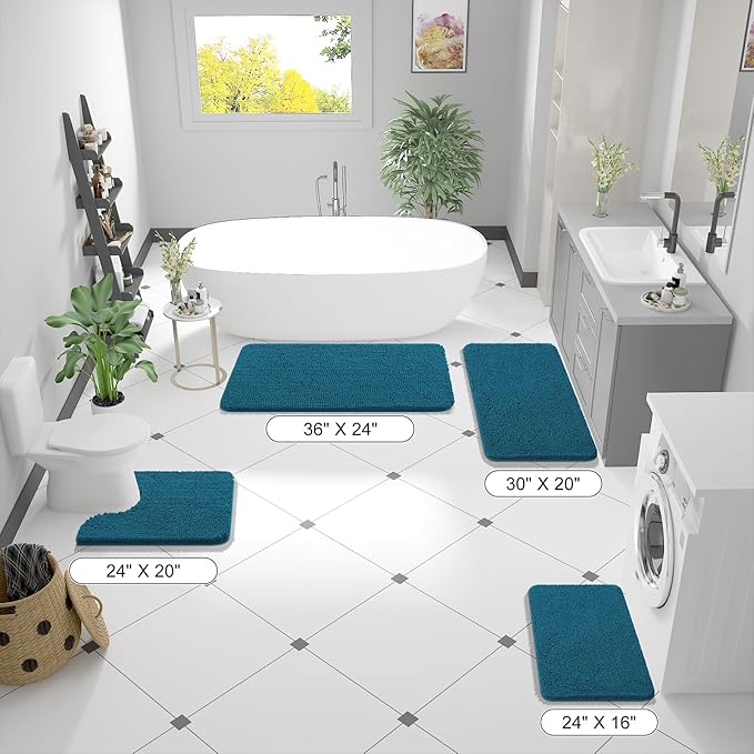 OLANLY Bathroom Rugs 59x35, Extra Soft Absorbent Chenille Bath Rugs, Rubber Backing Quick Dry, Machine Washable Bath Mats for Bathroom Floor, Tub and Shower, Home Decor Accessories, Peacock Blue