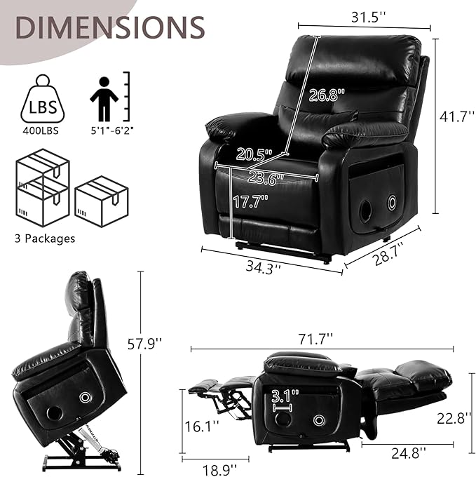 Dual Motor Power Lift Recliner Chair for Adult & Elderly, Infinite Position Lay Flat Lift Chair with Heat & Massage, Cup Holder, Lumbar Pillow, Wireless Charger, USB Ports, Leather (Black)