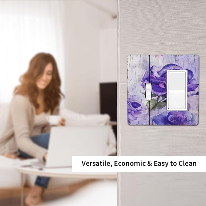 Light Switch Cover Purple Rose Flower Rustic Wood Plank 2 Gang Toggle Rocker Combo Wall Plates Decorative Switch Plates and Outlet Covers Receptacle Cover for Farmhouse Bathroom Decor