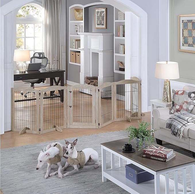 unipaws 132" Extra Wide Dog Gate and Pet Playpen, Free Standing Tall Fence with Walk Through Door, Barriers for Home, Use as Indoor Dogs Cats Pen, Rabbit Pen, Weathered Grey