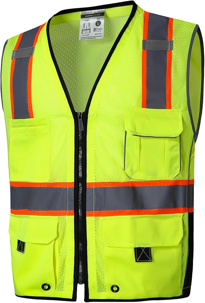 SKSAFETY 10 Pockets Professional Safety Vest - Class 2 High Visibility Vest, Hi Vis with Reflective Strips - ANSI/ISEA Standard, Construction Work Vest (Lime, 2XL)