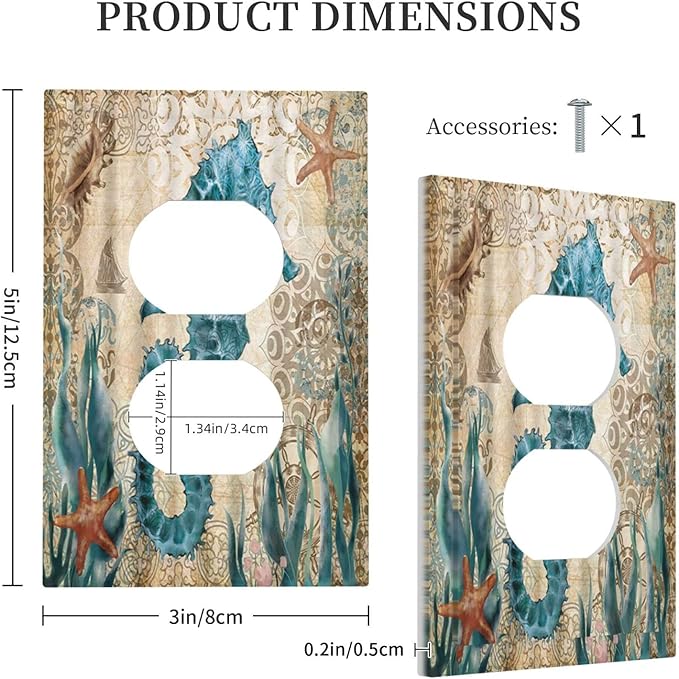 Vintage Blue Seahorse Seaweed Starfish Ocean Nautical Theme 1 Gang Duplex Outlet Cover Faceplate Decorative Wall Plate Single Receptacle Light Switch Cover Electrical Switchplate for Farm Home