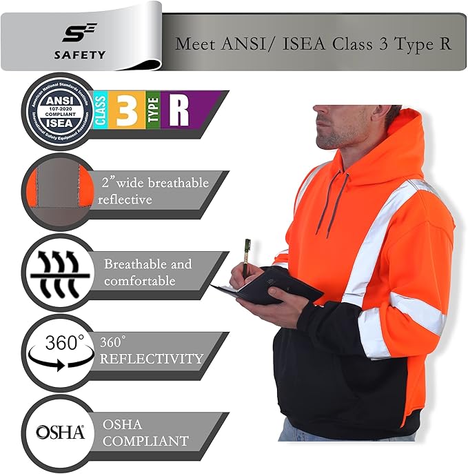 sesafety Class 3 High Visibility Sweatshirt for Men,Hooded Pullover,Hi-Vis Safety Hoodie Pullover Sweatshirt,Reflective Safety with Black Bottom