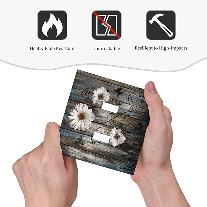 Rustic Wood Background Floral Butterfly Daisy Decorative Switch Plates 2 Gang Double Toggle Outlet Light Switch Cover Wall Plate Electrical Faceplate for Farmhouse Bedroom Decor