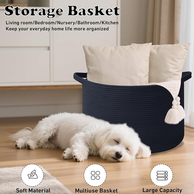 Large Storage Basket with Handle,23.6" x 23.6" x 15.7" Blanket Basket Storage Bins for Organizing,65L Cotton Rope Woven Baskets for Living Room, Nursery,Bedroom,Navy