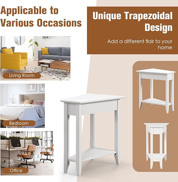 Giantex Wedge End Table White, Triangle Side Table with Storage Shelf and Solid Wood Legs, Recliner Table, 24.5" Tall Nightstand, Modern Narrow Accent Table for Small Space Living Room