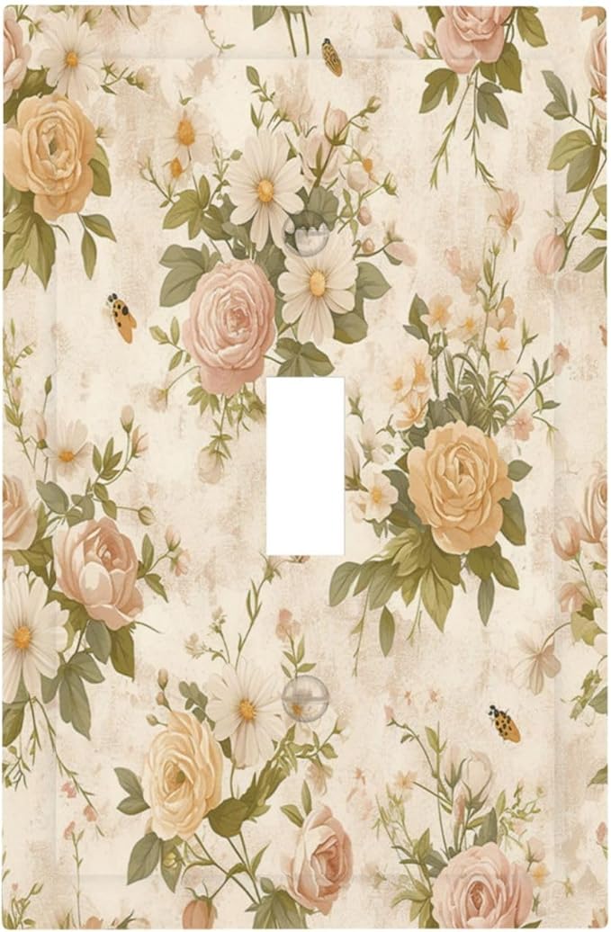 Decorative Light Switch Cover Boho Vintage Roses Pink Red Yellow Bouquet Floral 1 Gang Single Toggle Device Electrical Faceplate Switchplates Decorator Outlet Wall Plate for Bedroom