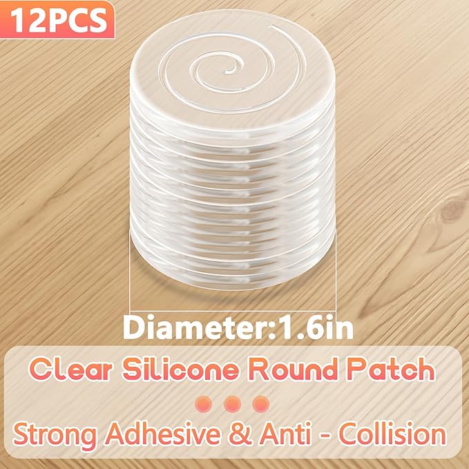 Clear Silicone Cabinet Door Bumpers,Circle12 Pcs,Self-Adhesive Sound Dampening Pads,Surface Protection & Anti-Friction for Drawers,Table Bottoms,Wall Door Stoppers,Transparent Adhesive Pads