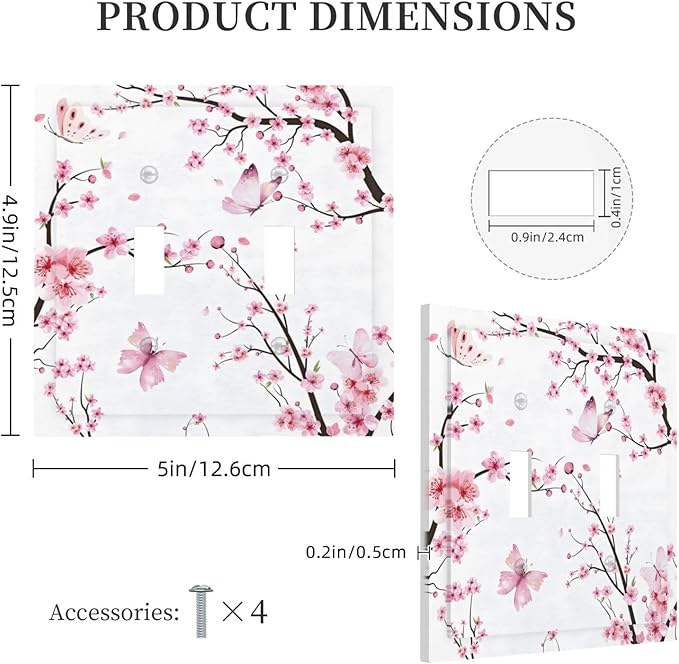 Cherry Floral Watercolor Pink Flowers Butterfly Decorative Switch Plates 2 Gang Double Toggle Outlet Light Switch Cover Wall Plate Electrical Faceplate for Bed Room Living Room Decor