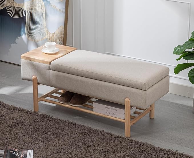 EALSON Modern Storage Bench for Bedroom End of Bed Upholstered Ottoman Bench with Storage and Wood Shoe Rack Farmhouse Long Seating Bench for Entryway/Hallway/Foyer, Linen Beige