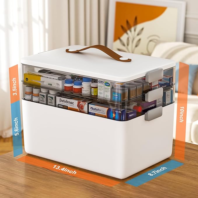 funest 3 Tier Medicine Storage Box Organizer Portable First Aid kit Box Empty with Handle, Multipurpose Medical Supply Organizer with Removable Tray, White
