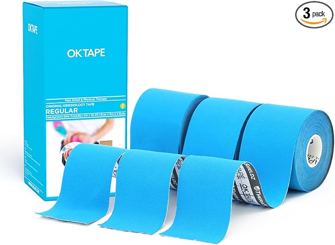 OK TAPE Regular Kinesiology Tape (3 Pack), Original Cotton Athletic Tape for Support Muscle Joint Knee, Sports Waterproof Tape Uncut Strips Latex Free, Hypoallergenic, 2in×16.4ft - Light Blue