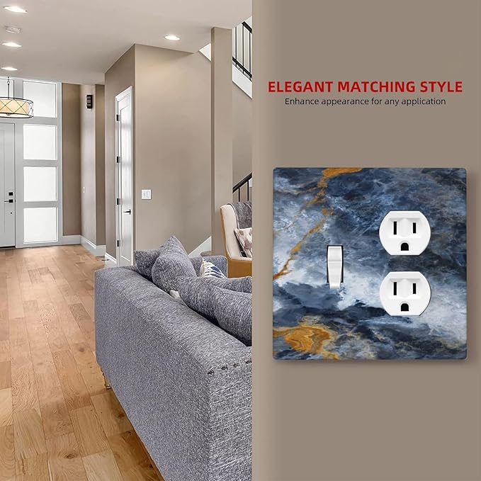 Decorative Outlet Covers Gold Dark Blue Gilt Haze Marble 2 Gang Duplex Light Switch Cover Plate Gfci Wall Plate Plug Switch Plate Covers for Bathroom Decor
